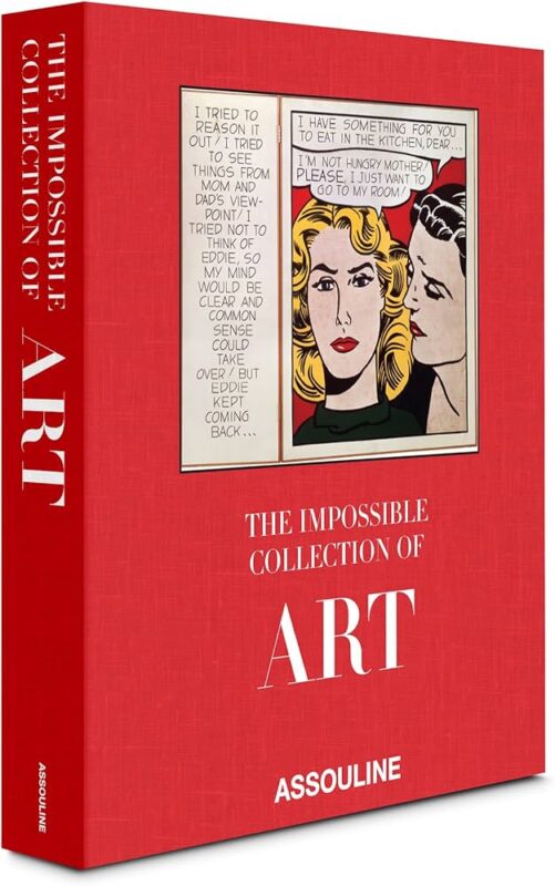 Angled view of hardcover edition The Impossible Collection of Art with a red cover, white text, and a Roy Lichtenstein painting.