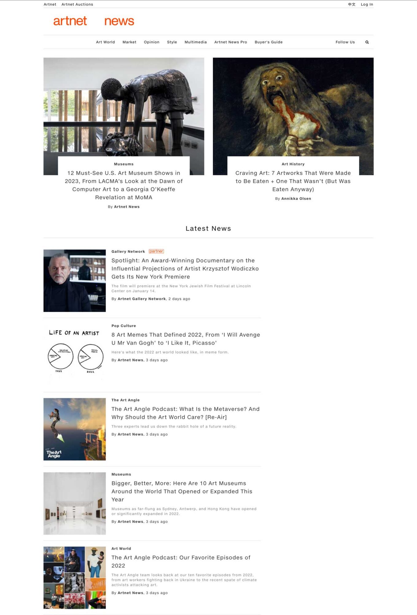 Artnet News homepage with two features at the top and five stories listed under Latest News.